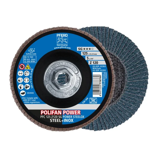 PFERD 62293 Flap Disc, 5″ x 5/8-11, Z SG POWER STEELOX, 120 Grit, T29, Conical, Zirconia, 10/BOX