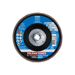 PFERD 62293 Flap Disc, 5″ x 5/8-11, Z SG POWER STEELOX, 120 Grit, T29, Conical, Zirconia, 10/BOX