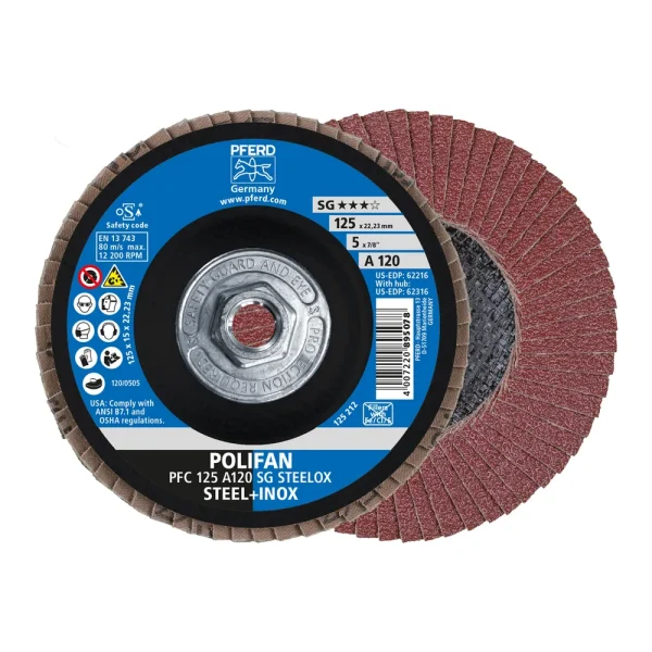 PFERD 62316 Flap Disc, 5″ x 5/8-11, A SG STEELOX, 120 Grit, T29, Conical, Aluminum oxide, 10/BOX