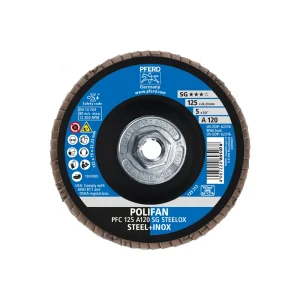 PFERD 62316 Flap Disc, 5″ x 5/8-11, A SG STEELOX, 120 Grit, T29, Conical, Aluminum oxide, 10/BOX
