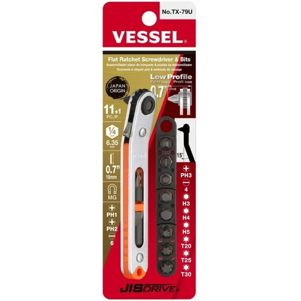 Vessel Low-Profile Flat Plate Ratchet Screwdriver Set TX79U