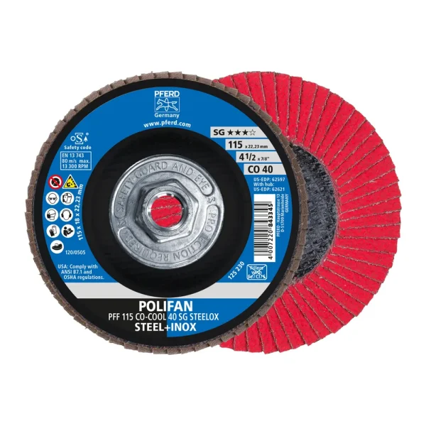 PFERD 62621 Flap Disc, 4-1/2″ x 5/8-11, CO-COOL SG STEELOX, 40 Grit, T27, Flat, Ceramic oxide, 10/BOX