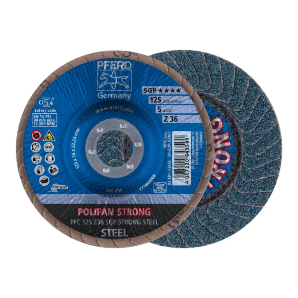 PFERD 62955 Flap Disc, 5″ x 7/8, Z SGP STRONG STEEL, 36 Grit, T29, Conical, Zirconia, 10/BOX