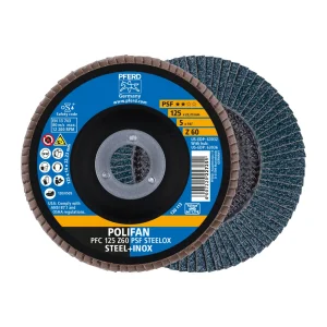 PFERD 63032 Flap Disc, 5″ x 7/8, Z PSF STEELOX, 60 Grit, T29, Conical, Zirconia, 10/BOX
