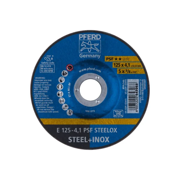 PFERD 63411 Grinding Wheel, 5″ x 1/8 x 7/8, PSF STEELOX, T27, Aluminum oxide, 10/BOX