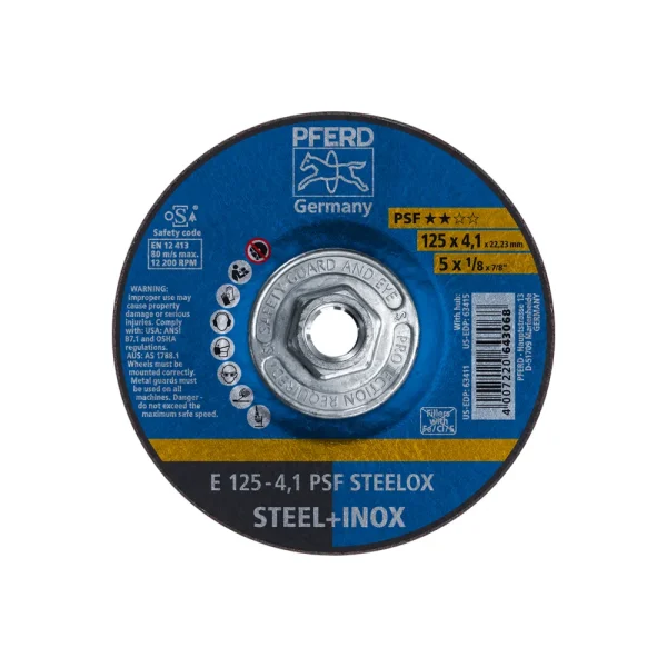 PFERD 63415 Grinding Wheel, 5″ x 1/8 x 5/8-11, PSF STEELOX, T27, Aluminum oxide, 10/BOX