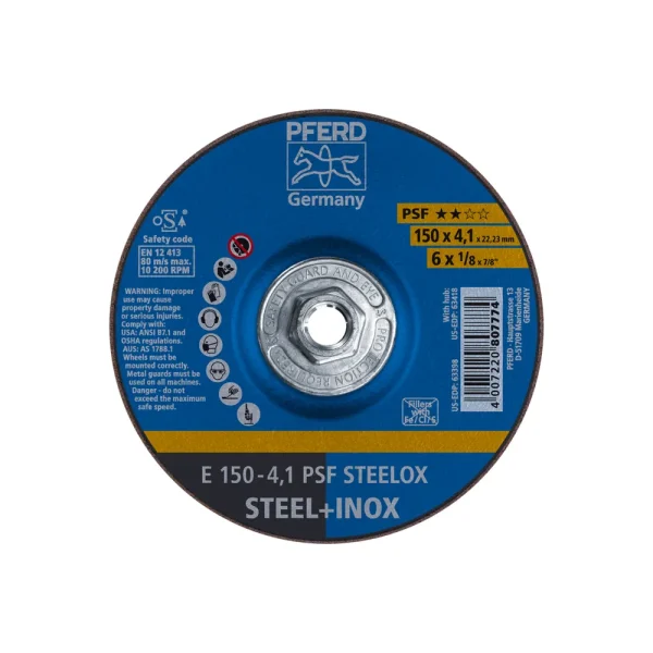 PFERD 63418 Grinding Wheel, 6″ x 1/8 x 5/8-11, PSF STEELOX, T27, Aluminum oxide, 10/BOX