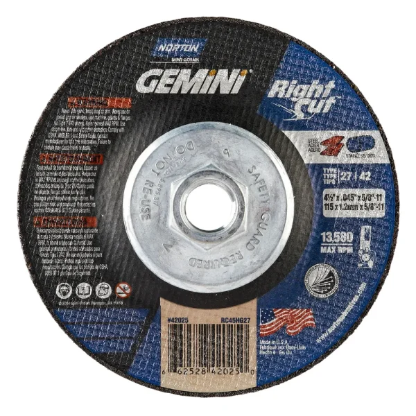 Norton Abrasives 66252842025 4-1/2 x .045 x 5/8-11 In. Gemini RightCut Cut-Off Wheel A 24 T BDA3 T27/42, 10/BOX