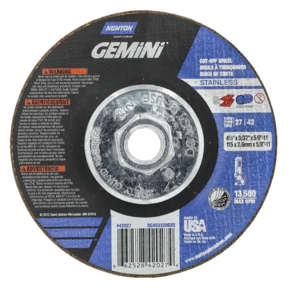 Norton 4-1/2 x 3/32 x 5/8 – 11 In. Gemini INOX/SS Cutting Wheel 30 Q BDA T27/42 10 Count