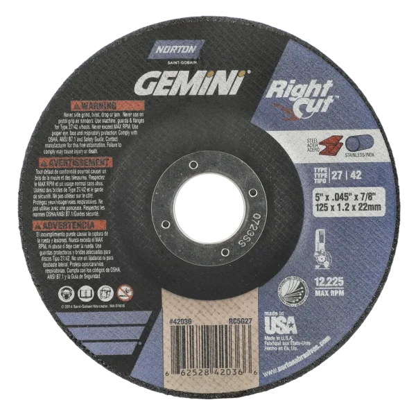 Norton 5 x .045 x 7/8 In. Gemini RightCut Cutting Wheel 24 Q BDA T27/42 25 Count
