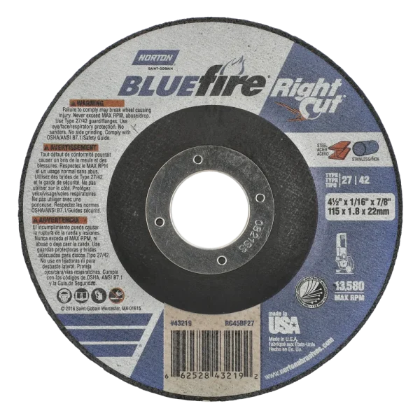 Norton 4-1/2 x 1/16 x 7/8 In. BlueFire RightCut Cutting Wheel 36 R T27/42 25 Count