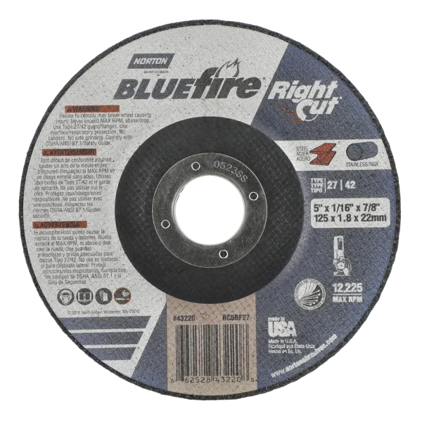Norton 5 x 1/16 x 7/8 In. BlueFire RightCut Cutting Wheel 36 Q T27/42 25 Count