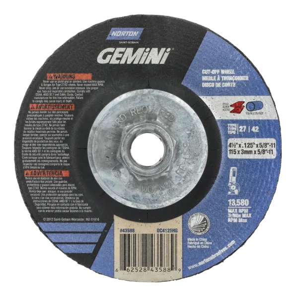 Norton 4-1/2 x .125 x 5/8 – 11 In. Gemini Cutting Wheel 24 T BDA3 T27/42 10 Count