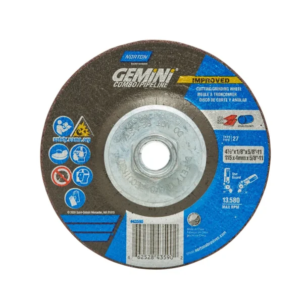 Norton 4-1/2 x 1/8 x 5/8 – 11 In. Gemini Grinding and Cutting Whl 24 Q BDA T27 10 Count