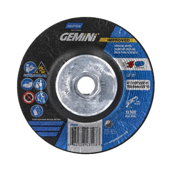 Norton 4-1/2 x 1/4 x 5/8 – 11 In. Gemini Grinding Wheel 24 S BDA T27 10 Count