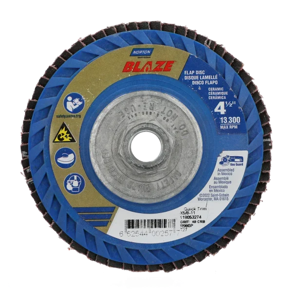 Norton 4-1/2 x 5/8 – 11 In. Blaze Plastic Flat Flap Disc T27 40 Grit R980P CA 10 Count