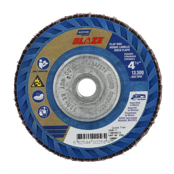 Norton 4-1/2 x 5/8 – 11 In. Blaze Plastic Flat Flap Disc T27 60 Grit R980P CA 10 Count
