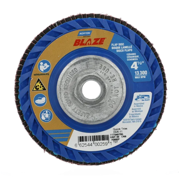 Norton 4-1/2 x 5/8 – 11 In. Blaze Plastic Flat Flap Disc T27 80 Grit R980P 10 Count