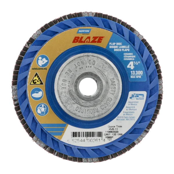Norton 4-1/2 x 5/8 – 11 In. Blaze Plastic Flat Flap Disc T27 120 Grit R980P CA 10 Count