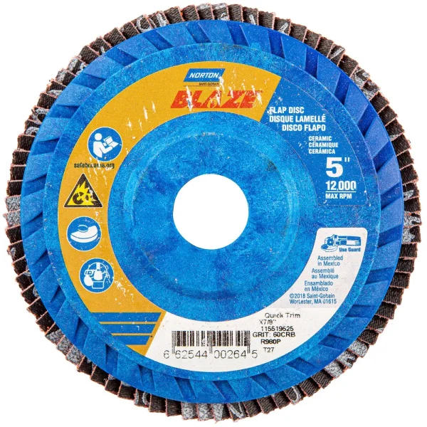 Norton 5 x 7/8 In. Blaze Plastic Flat Flap Disc T27 60 Grit R980P CA 10 Count