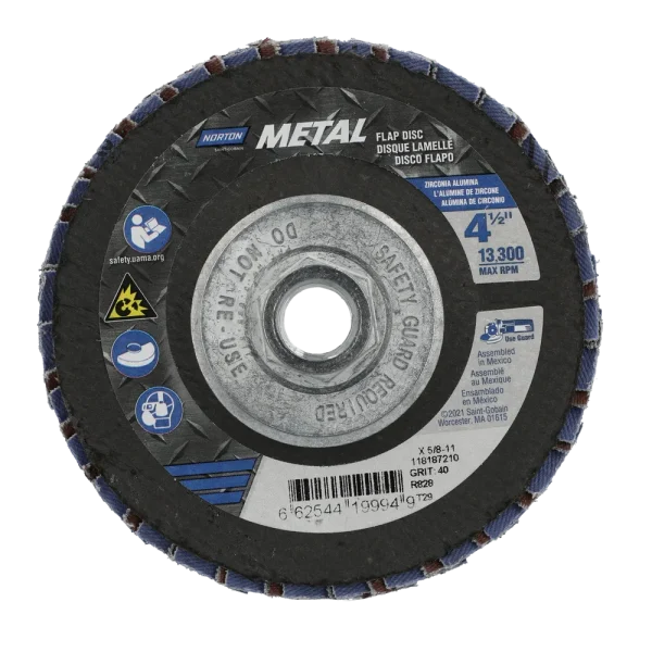 Norton 4-1/2 x 5/8 – 11 In. Metal Fiberglass Conical Flap Disc T29 P40 Grit R828 ZA 10 Count