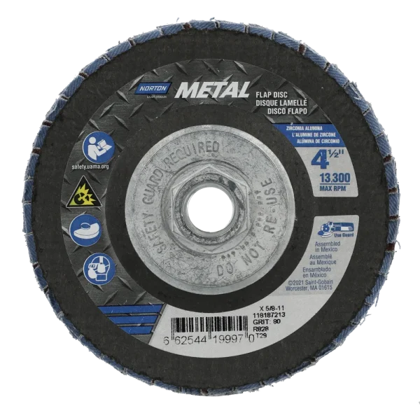 Norton 4-1/2 x 5/8 – 11 In. Metal Fiberglass Conical Flap Disc T29 80 Grit R828T ZA 10 Count