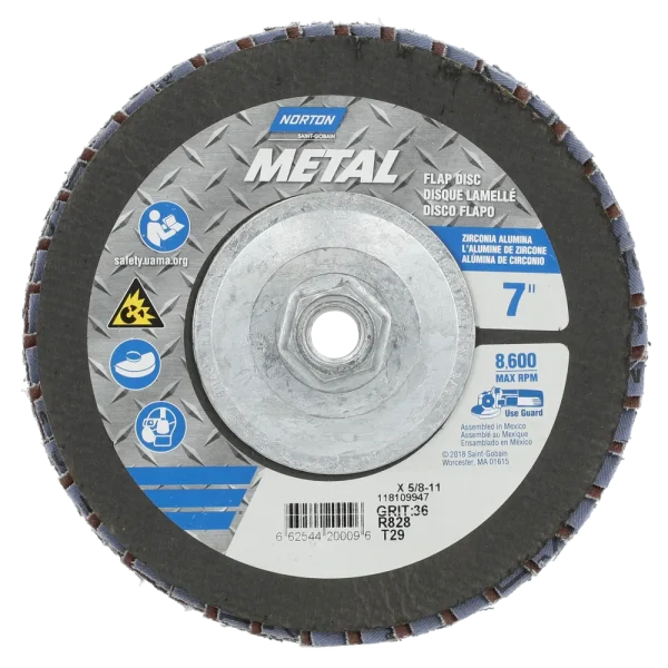 Norton 7 x 5/8 – 11 In. Metal Fiberglass Conical Flap Disc T29 P36 Grit R828 ZA 10 Count
