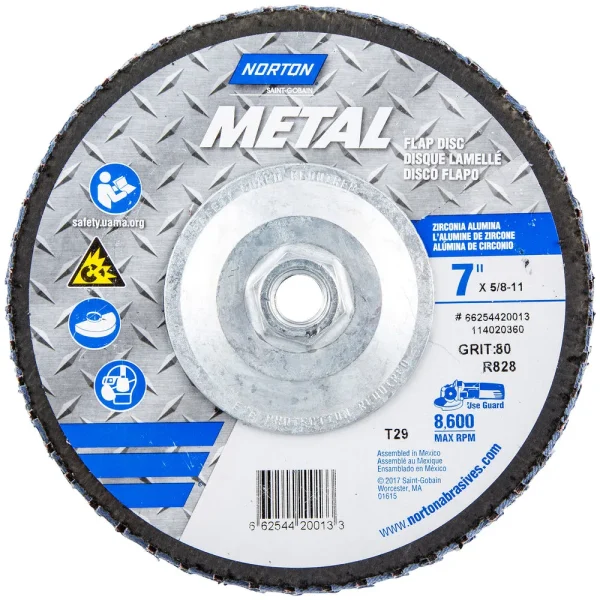 Norton 7 x 5/8 – 11 In. Metal Fiberglass Conical Flap Disc T29 80 Grit R828T ZA 10 Count