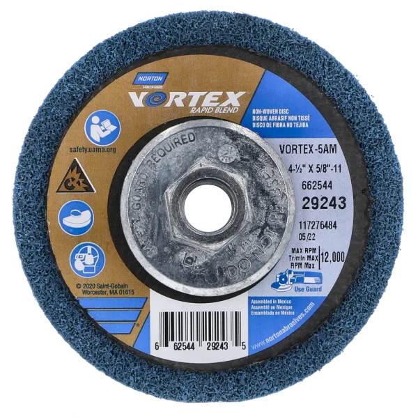 Norton 4-1/2 x 5/8 – 11 In. Bear-Tex Vortex Rapid Blend Non-Woven Disc AO M Grit T27 10 Count