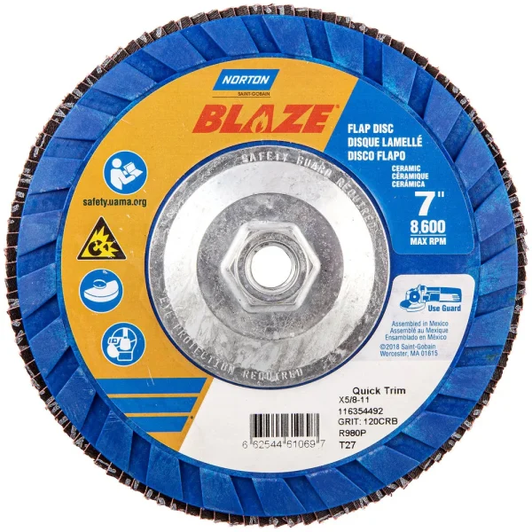 Norton 7 x 5/8 – 11 In. Blaze Plastic Flat Flap Disc T27 80 Grit R980P 10 Count