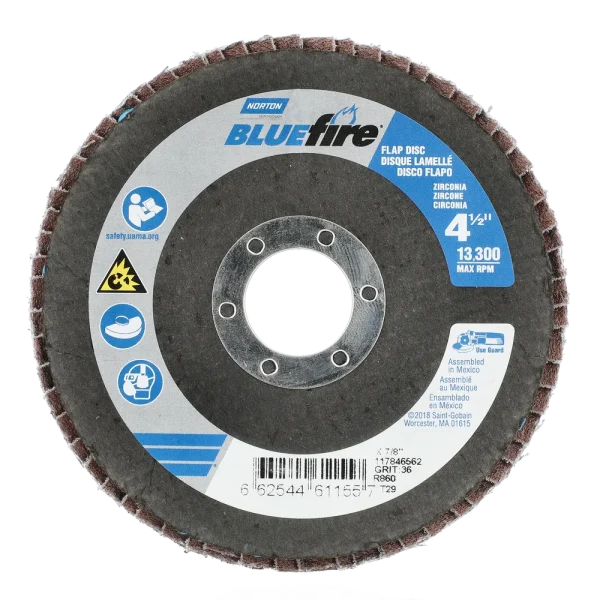 Norton 4-1/2 x 7/8 In. BlueFire Fiberglass Conical Flap Disc T29 P36 Grit R884P ZA 10 Count
