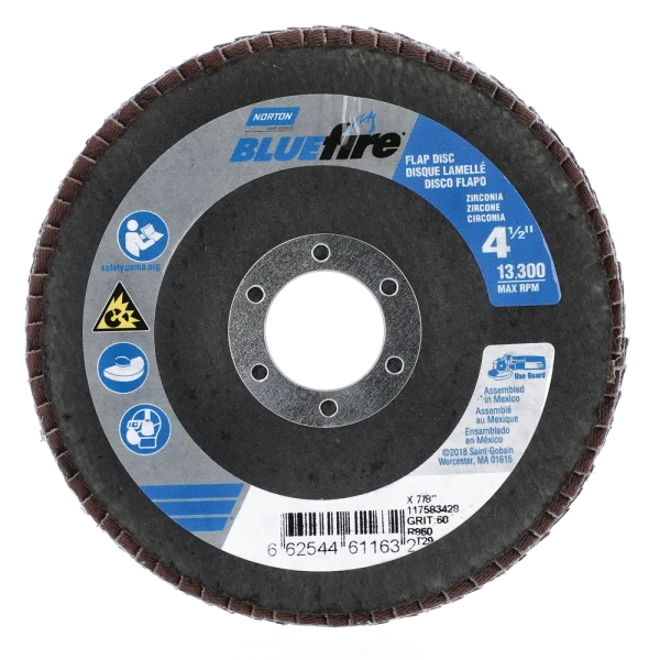 Norton 4-1/2 x 7/8 In. BlueFire Fiberglass Conical Flap Disc T29 P60 Grit R884P ZA 10 Count