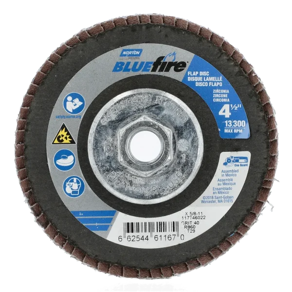 Norton 4-1/2 x 5/8 – 11 In. BlueFire Fiberglass Conical Flap Disc T29 P40 Grit R884P ZA 10 Count