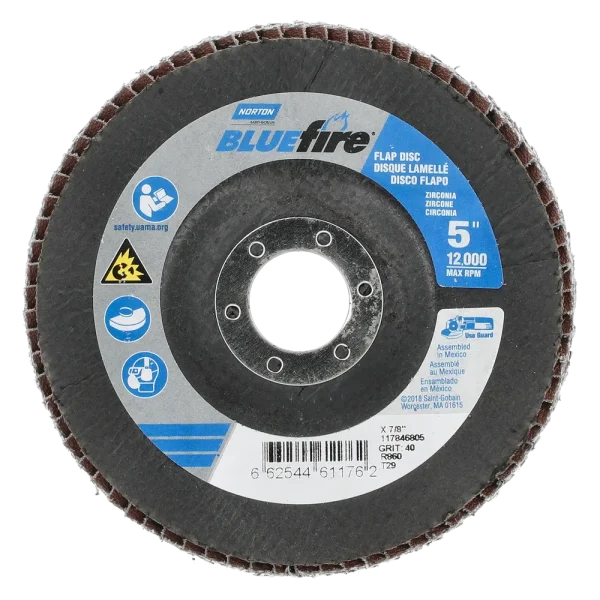 Norton 5 x 7/8 In. BlueFire Fiberglass Conical Flap Disc T29 P40 Grit R884P ZA 10 Count