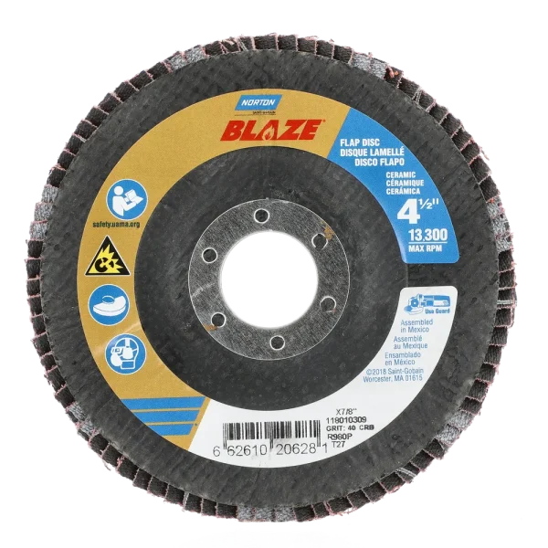 Norton 4-1/2 x 7/8 In. Blaze Fiberglass HD Flat Flap Disc T27 40 Grit R980P CA 10 Count
