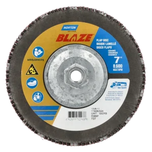 Norton 7 x 5/8 – 11 In. Blaze Fiberglass HD Flat Flap Disc T27 60 Grit R980P CA 10 Count