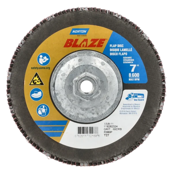 Norton 7 x 5/8 – 11 In. Blaze Fiberglass HD Flat Flap Disc T27 60 Grit R980P CA 10 Count