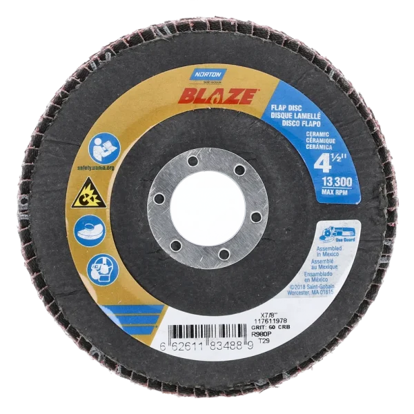Norton 4-1/2 x 7/8 In. Blaze Fiberglass Conical Flap Disc T29 60 Grit R980P CA 10 Count
