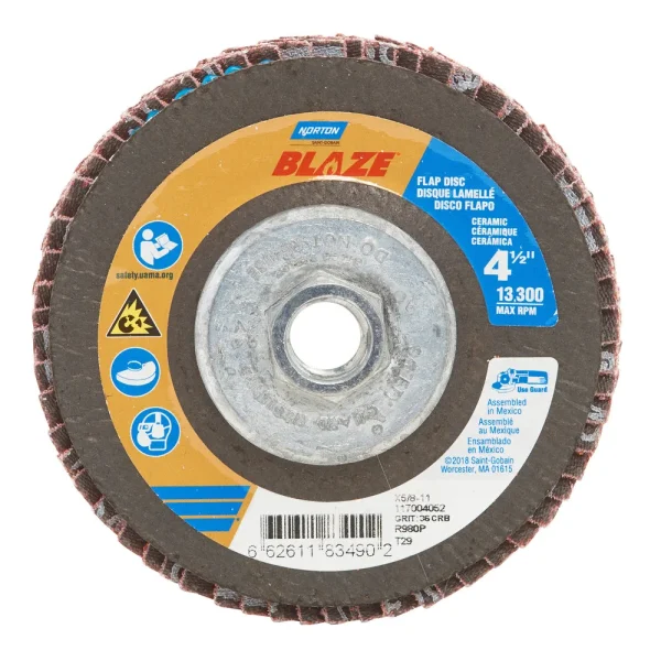 Norton 4-1/2 x 5/8 – 11 In. Blaze Fiberglass Conical Flap Disc T29 36 Grit R980P CA 10 Count