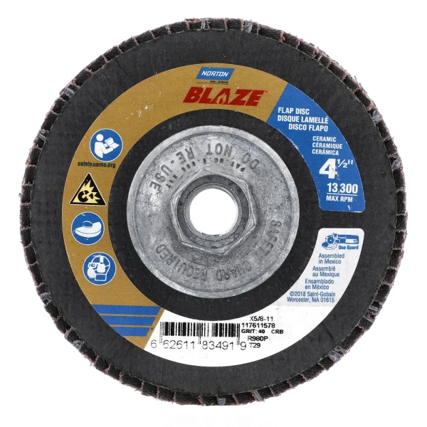 Norton 4-1/2 x 5/8 – 11 In. Blaze Fiberglass Conical Flap Disc T29 40 Grit R980P CA 10 Count
