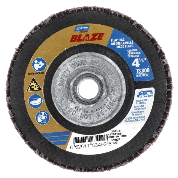 Norton 4-1/2 x 5/8 – 11 In. Blaze Fiberglass Conical Flap Disc T29 60 Grit R980P CA 10 Count