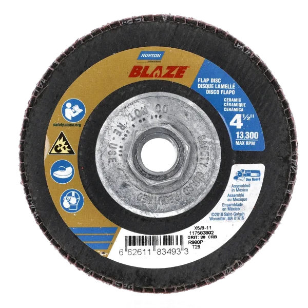 Norton 4-1/2 x 5/8 – 11 In. Blaze Fiberglass Conical Flap Disc T29 80 Grit R980P 10 Count