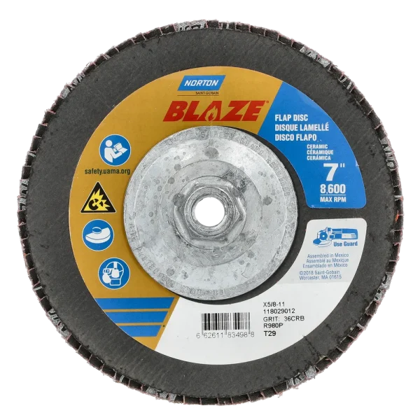 Norton 7 x 5/8 – 11 In. Blaze Fiberglass Conical Flap Disc T29 36 Grit R980P CA 10 Count