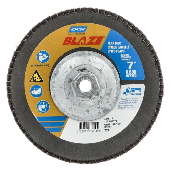 Norton 7 x 5/8 – 11 In. Blaze Fiberglass Conical Flap Disc T29 40 Grit R980P CA 10 Count