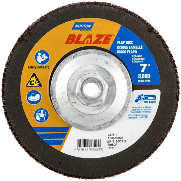 Norton 7 x 5/8 – 11 In. Blaze Fiberglass Conical Flap Disc T29 60 Grit R980P CA 10 Count