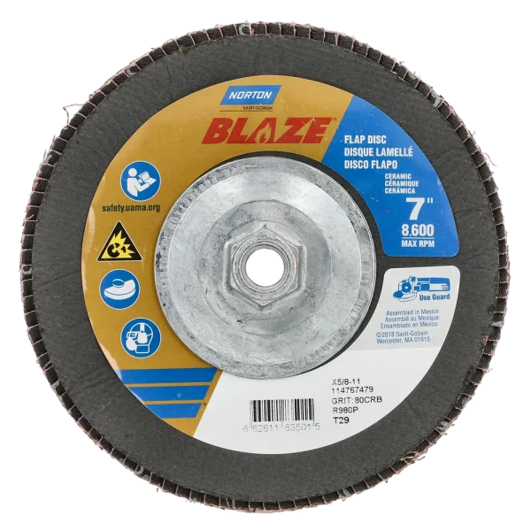 Norton 7 x 5/8 – 11 In. Blaze Fiberglass Conical Flap Disc T29 80 Grit R980P 10 Count