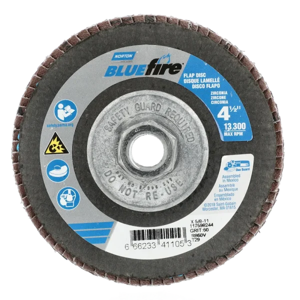 Norton 4-1/2 x 5/8 – 11 In. BlueFire Fiberglass Conical Flap Disc T29 P60 Grit R884V1 ZA 10 Count