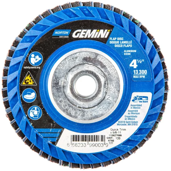 Norton 4-1/2 x 5/8 – 11 In. Gemini Plastic Flat Flap Disc T27 P120 Grit R766 ZA 10 Count