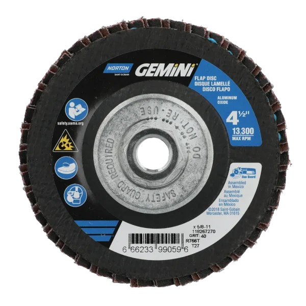 Norton 4-1/2 x 5/8 – 11 In. Gemini Fiberglass HD Flat Flap Disc T27 P40 Grit R766 ZA 10 Count