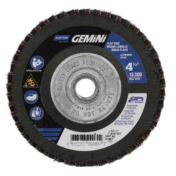 Norton 4-1/2 x 5/8 – 11 In. Gemini Fiberglass Flap Disc T27 P60 Grit R766 ZA 10 Count